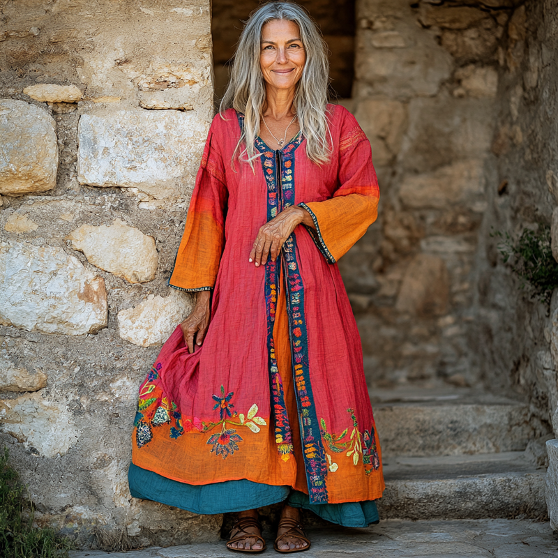 Vintage Loose Linen Patchwork Dress 3cba