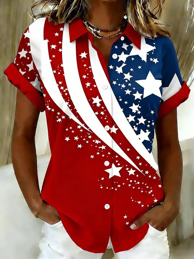 Shirt Collar Short Sleeve America Flag Printing Loose Button Up Shirt For Women