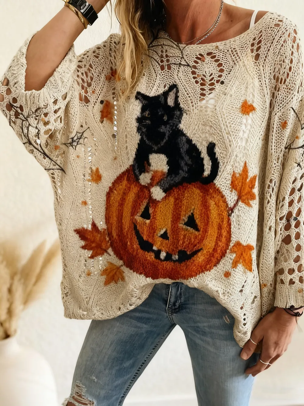 Women's Halloween Pumpkin Print Long Sleeve Knit Top