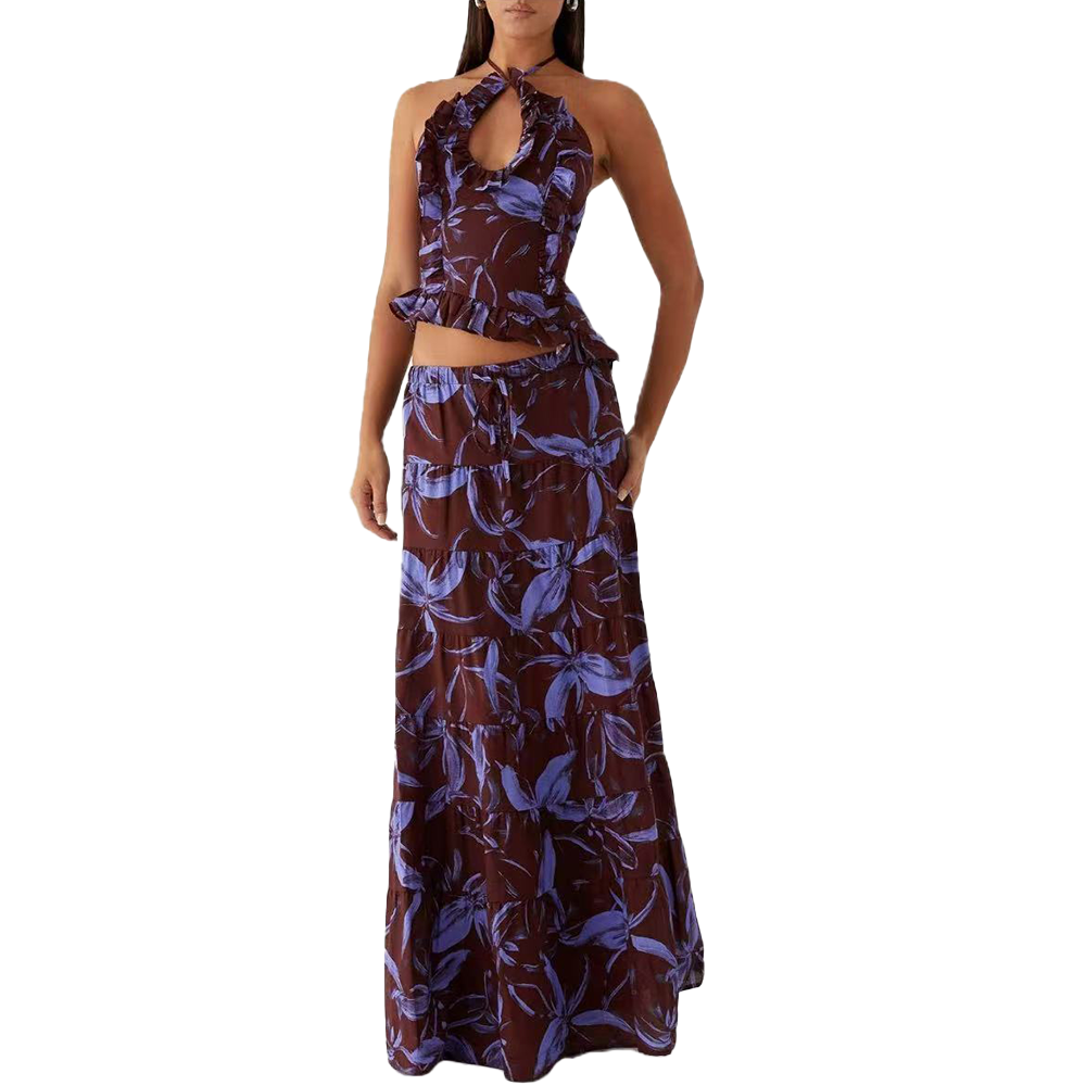 Y2K Women 2-Piece Maxi Skirt Set – Lace Short Sleeve Top & Tiered Ruffle Long Skirt – Sheer Beachy Boho Outfits