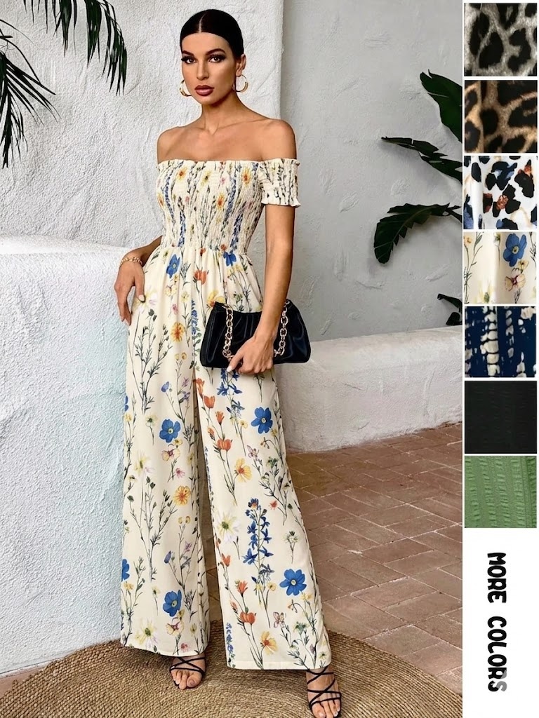 Women's Leopard Print Shirred Wide Leg Jumpsuit