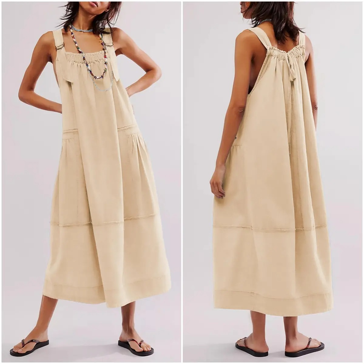 Women's Sleeveless Strappy Barrel Midi Dress with Pockets & Adjustable Straps