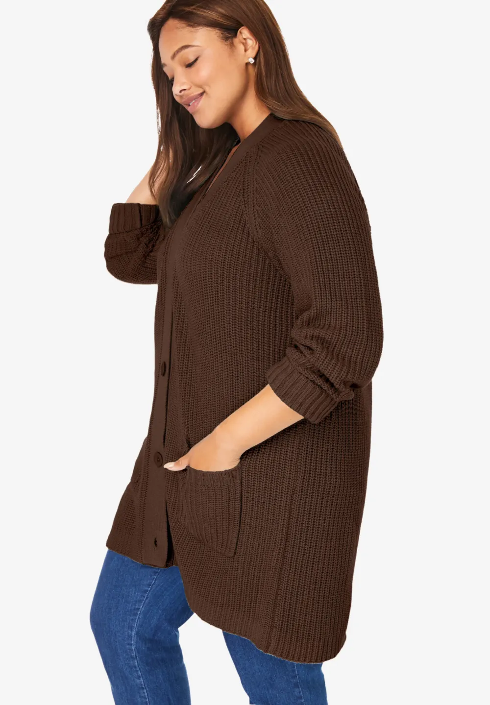 Button-Front Shaker Cardigan