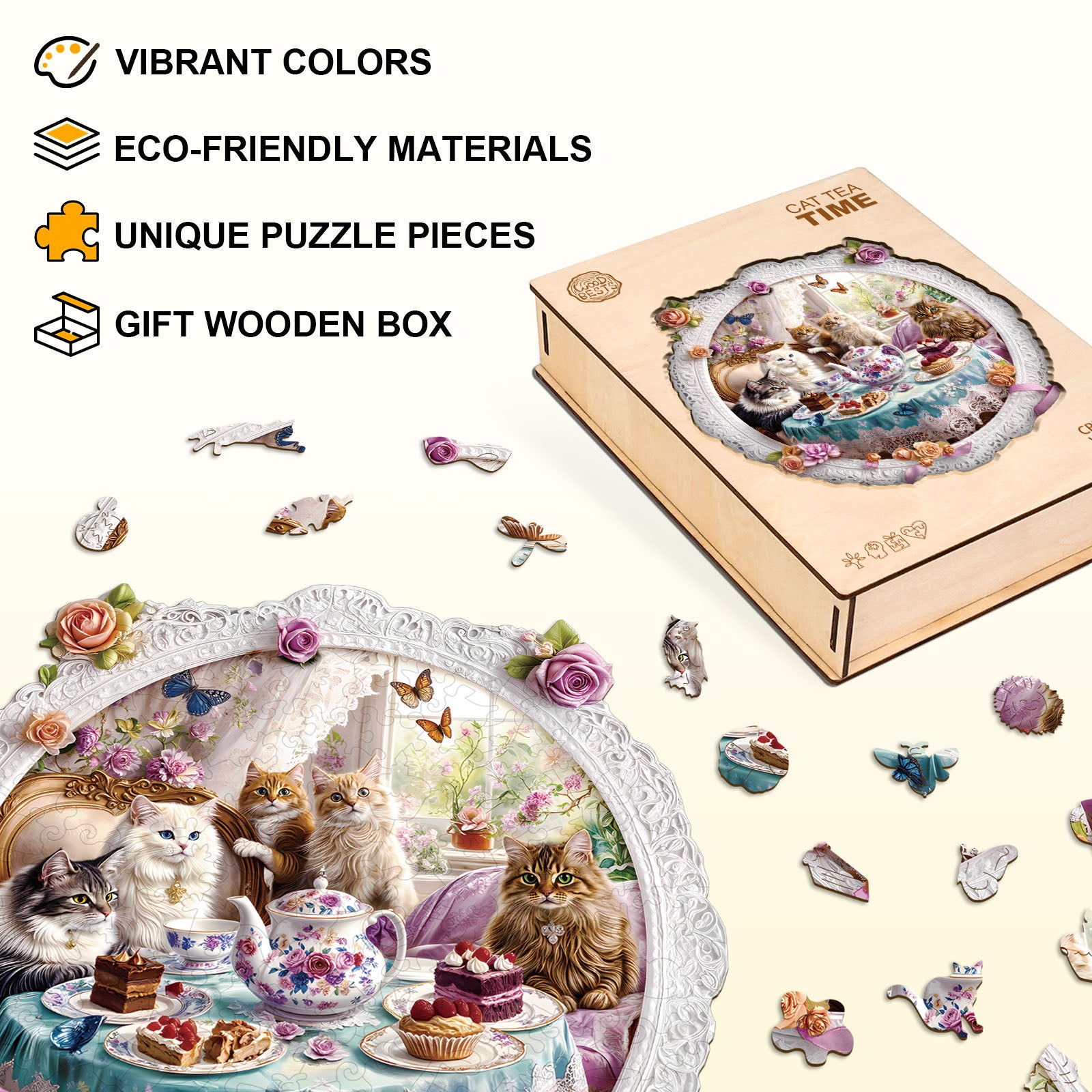 Cat Tea Time Wooden Jigsaw Puzzle