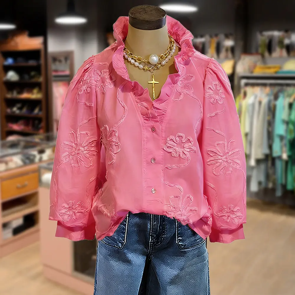 Cherrybetty 100%Cotton Elegant Embroidered Flower Ruffle Neck Puff Sleeve Cotton Top Women Casual Style Vintage Blouse Cute Fall Outfits for Womenswear