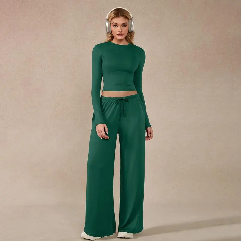 Women’s 2-Piece Activewear Set, Long Sleeve Crop Top & Wide-Leg Pants