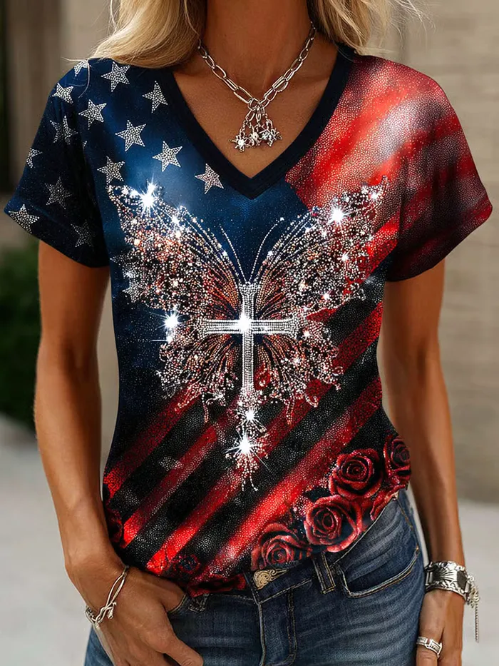Ladies' Retro Casual American Independence Day 250Th Anniversary Flag Print V-Neck Short Sleeved T-Shirt