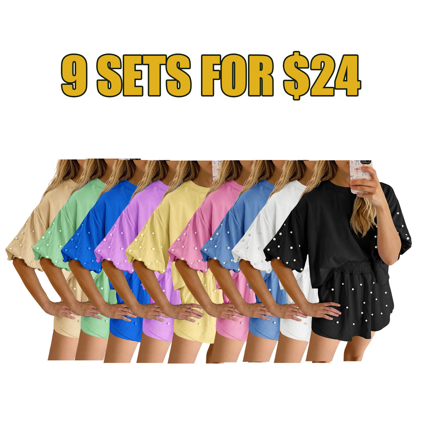 Chic Comfort Pearl Lounge Set – Puff Sleeve Top & Soft Knit Shorts