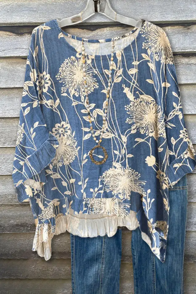 Floral Bell Sleeve Crewneck Top