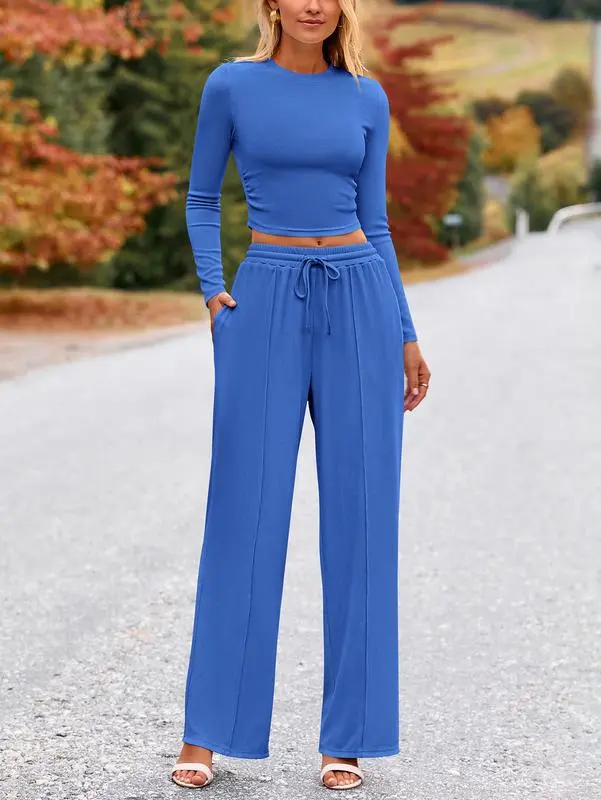 ✨2-Piece Ribbed Knit Long Sleeve Crop Top Wide Leg Pants Lounge Set🔥