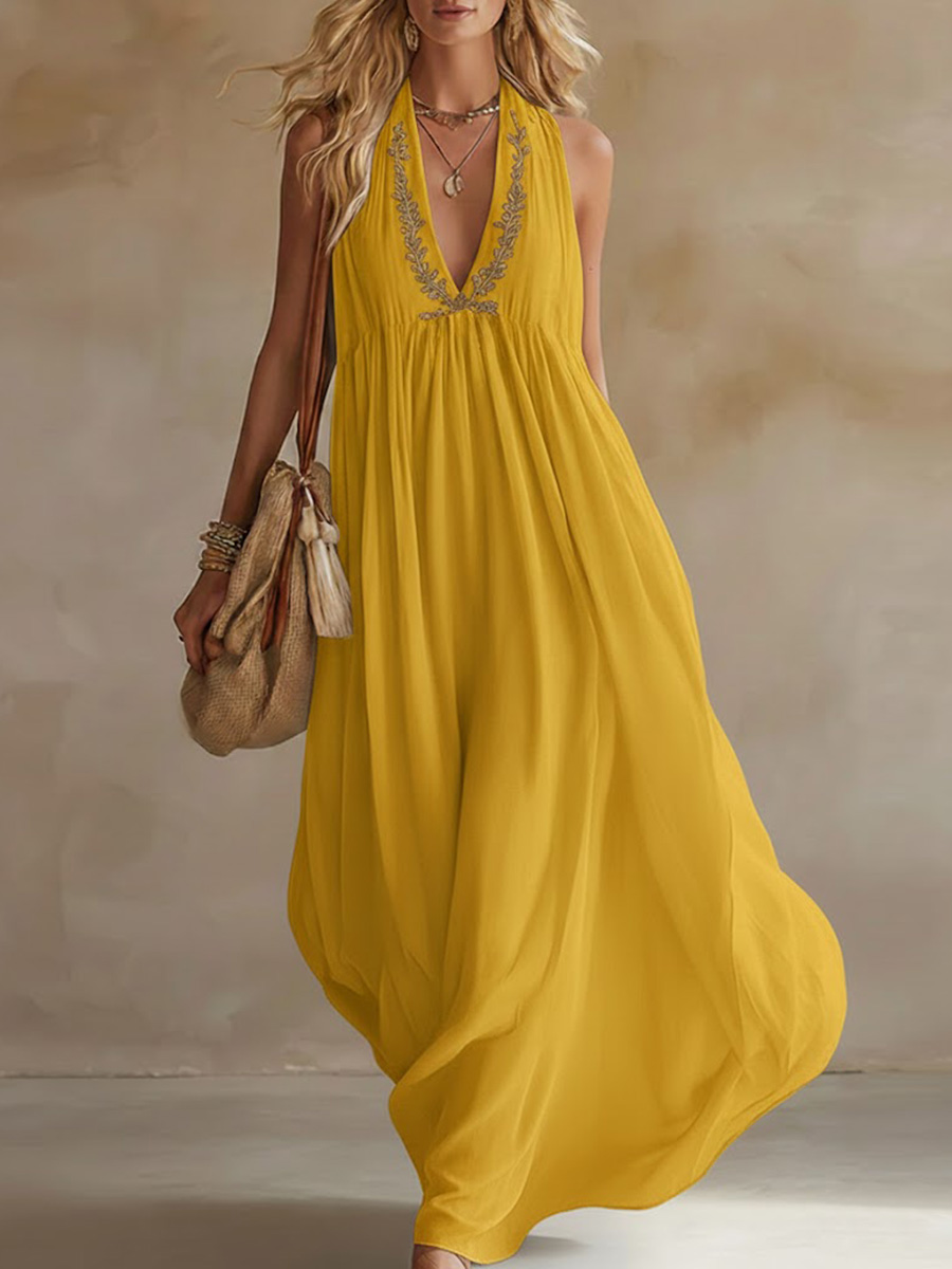 Women's V-neck Sleeveless Casual Loose Cotton And Linen Dress