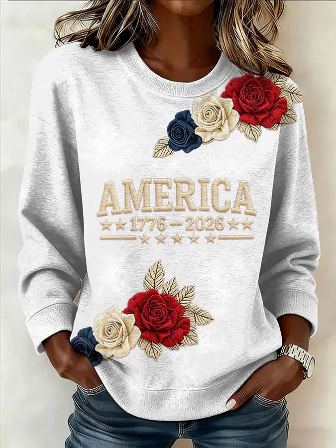 Women'S Retro American Independence Day 250Th Anniversary Printed Round Neck Sweatshirt
