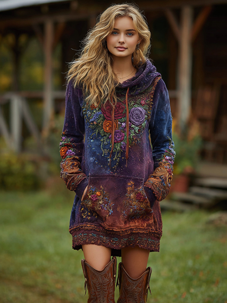 Women's Vintage Lavender And Floral Embroidered Art Gradient Comfort Hooded Dress