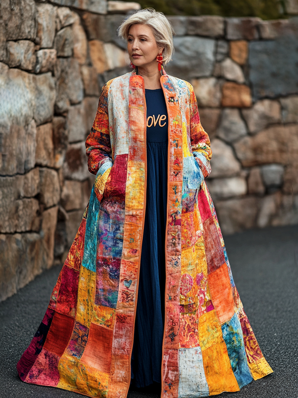 Vintage Loose Linen Patchwork Rainbow Contrast Coat 0769