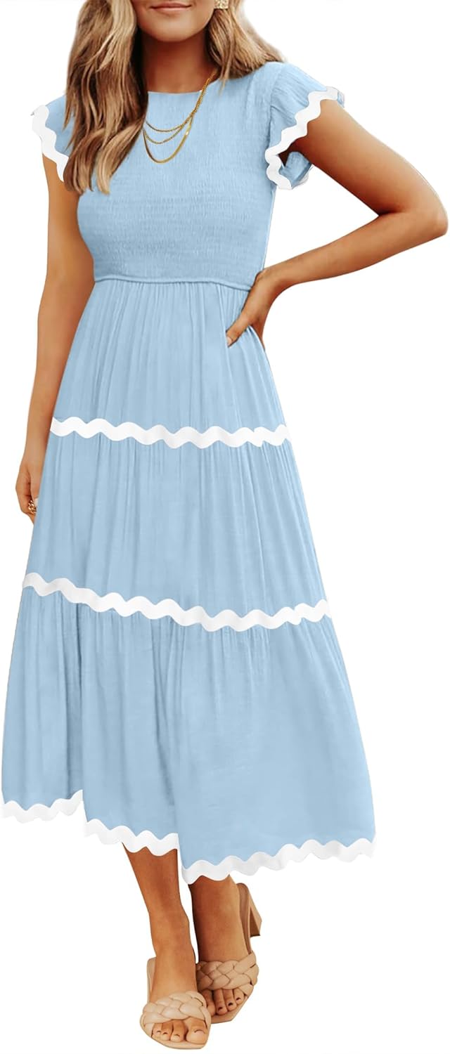 Womens Summer Casual Smocked Midi Dress 2026 Flutter Short Sleeve High Waist Tiered Flowy Boho Vacation Dresses