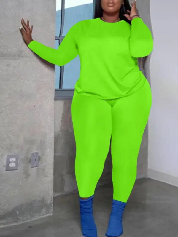 Plus Size 2-Piece Set – Long Sleeve Top & Skinny Pants, Cozy Fall Outfit