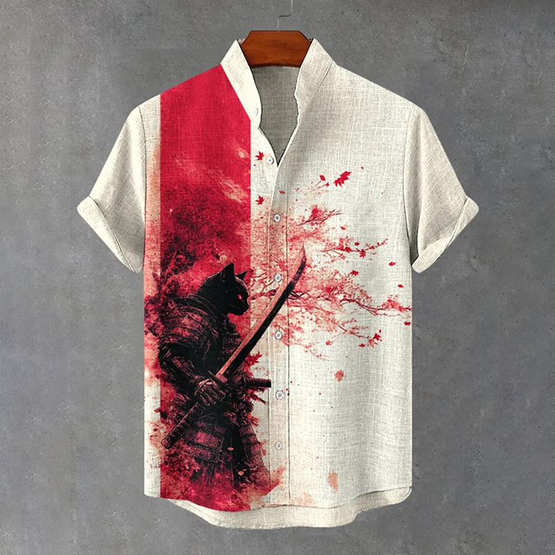 Men's Black Cat Warrior Art Print Short Sleeve Shirt