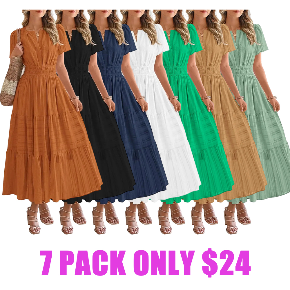Women's Summer 2026 Casual Maxi Dress Lightweight Short Sleeve V Neck Boho Dress with Pockets