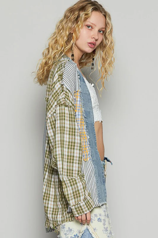 Raw Edge Plaid & Striped Open Front Cardigan