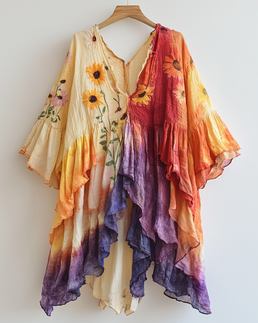 Rainbow Linen Ruffle Daisy Embroidery Irregular Cardigan d90b