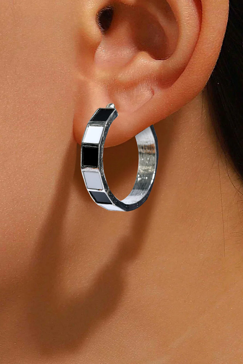 Silvery Checkered Hook Alloy Earrings