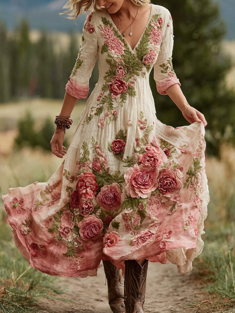 Women's Vintage Rose Floral Art V Neck Linen Blend Comfy Maxi Dress