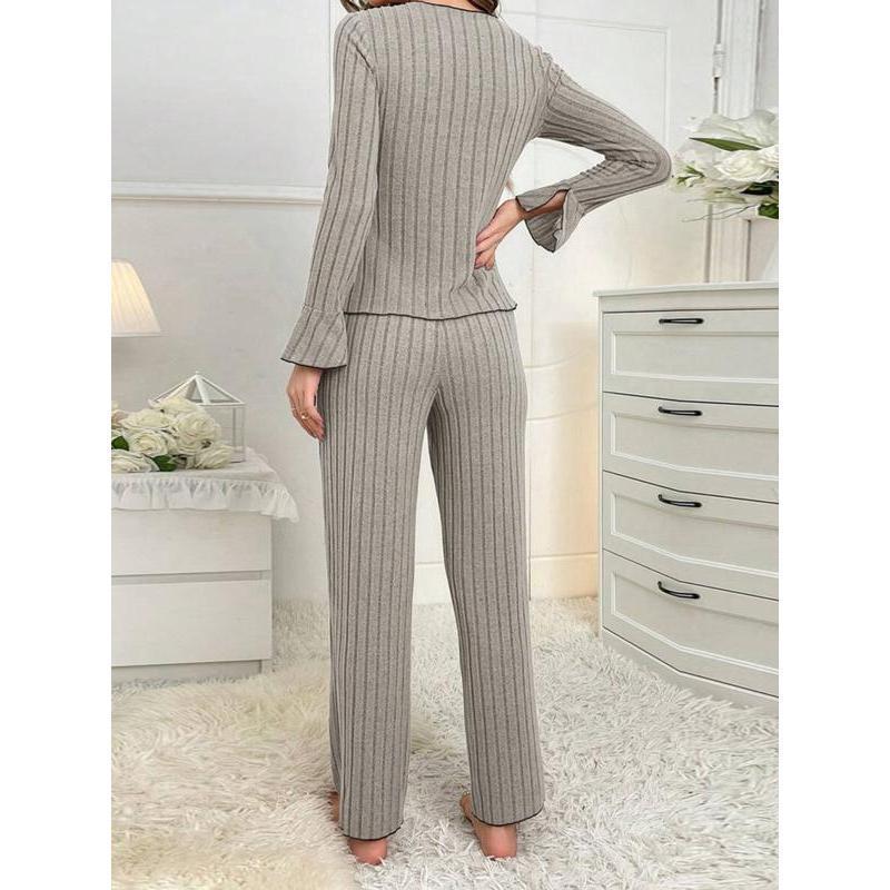 Women’s Ribbed Lounge Two-Piece Set – Long Sleeve V-Neck Top & Relaxed Pants
