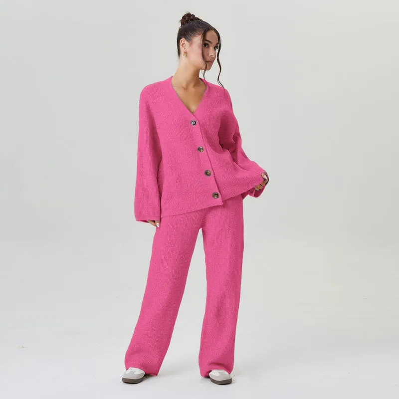 Women’s Cozy Two-Piece Set – V-Neck Cardigan & Stretch Trousers