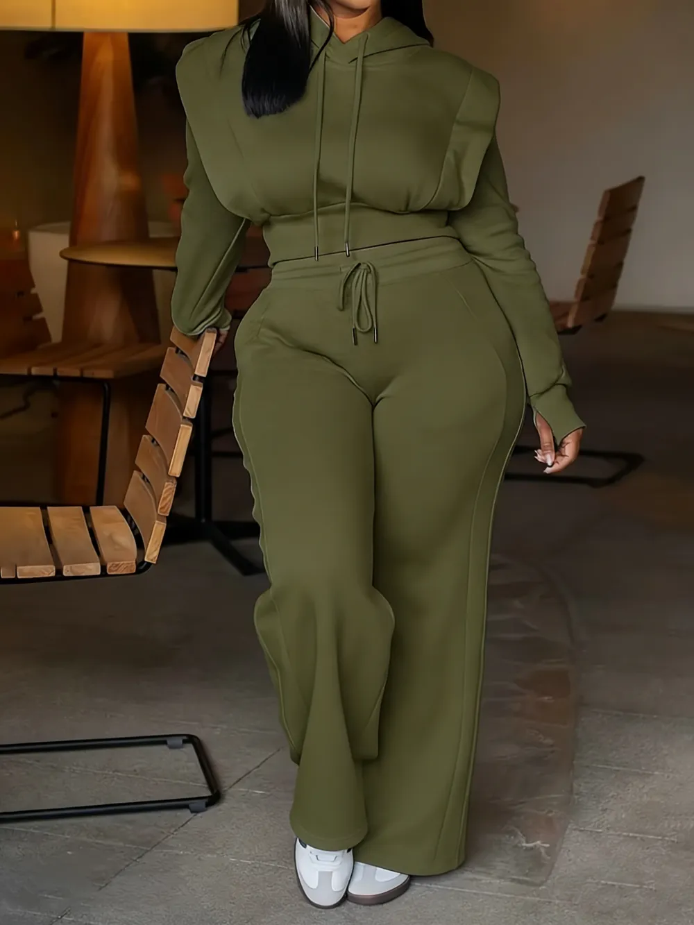 Women’s Hooded Sweatshirt & Wide-Leg Pants Set – Slim Fit, Casual Sportswear