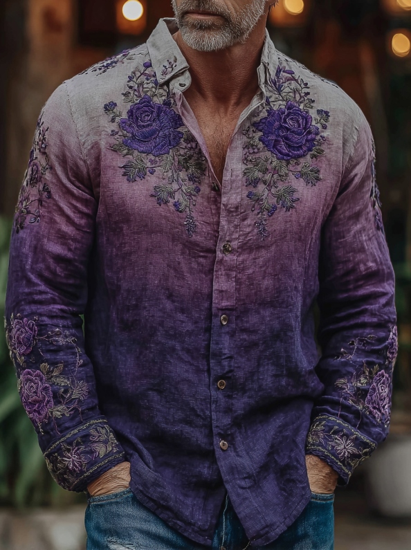 Men's Vintage Purple Flower Gradient Art Print Long Sleeve Shirt