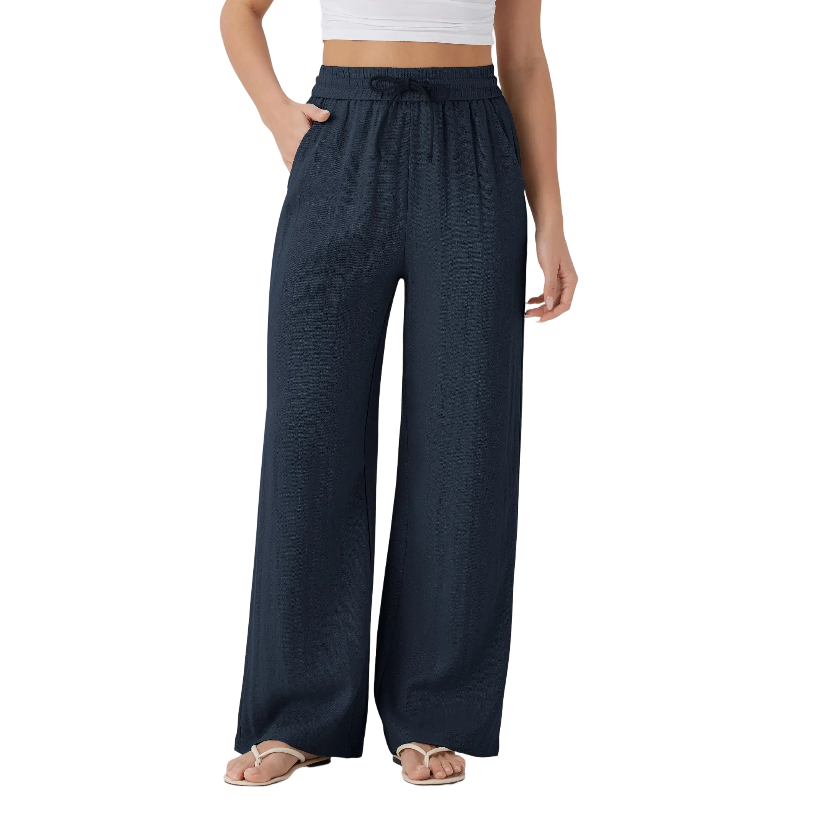Women's High Waisted Drawstring Pocket Wide Leg Casual Linen-Feel Pants