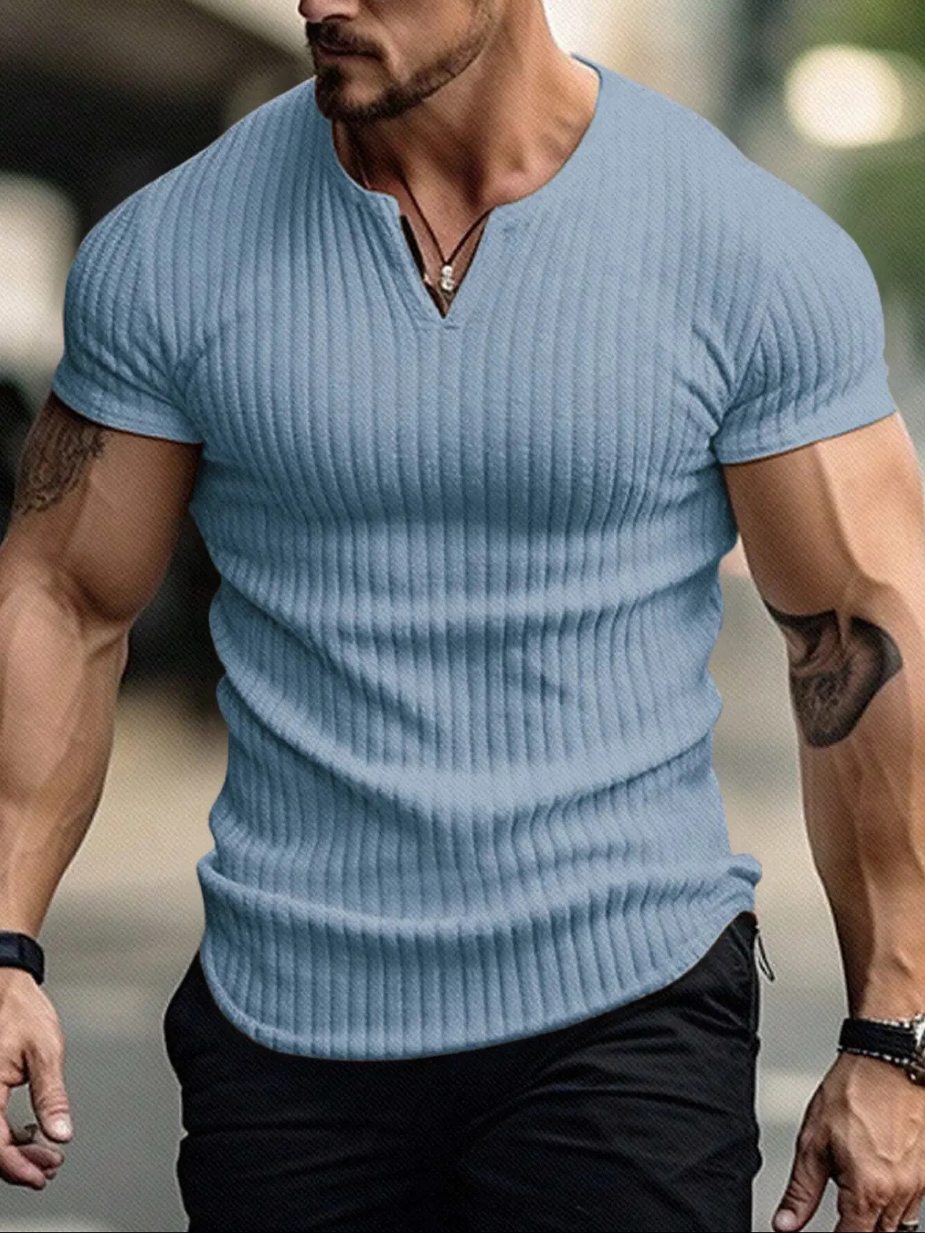 Men's Vertical Striped V-Neck Short Sleeve T-Shirt
