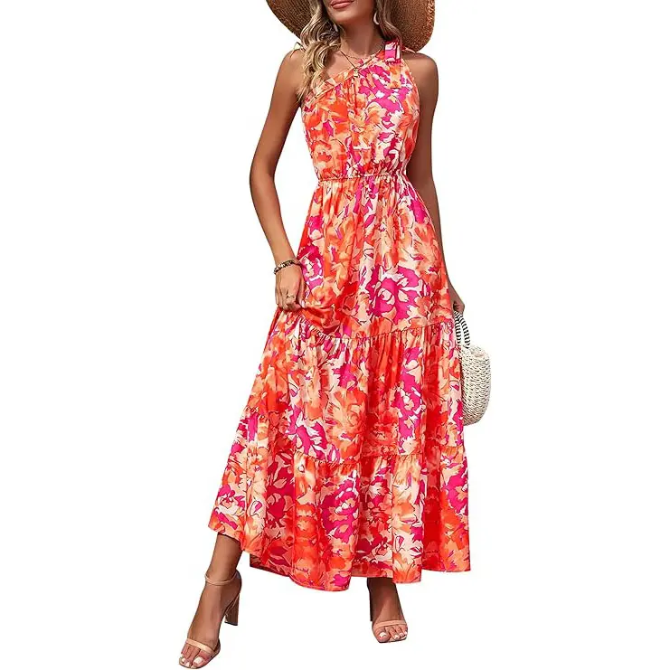 PrettyGarden Boho Chic Floral Maxi Dress - One Shoulder, Ruffle, Sleeveless, Flowing Summer Beach Wedding Guest Dress- Womenswear
