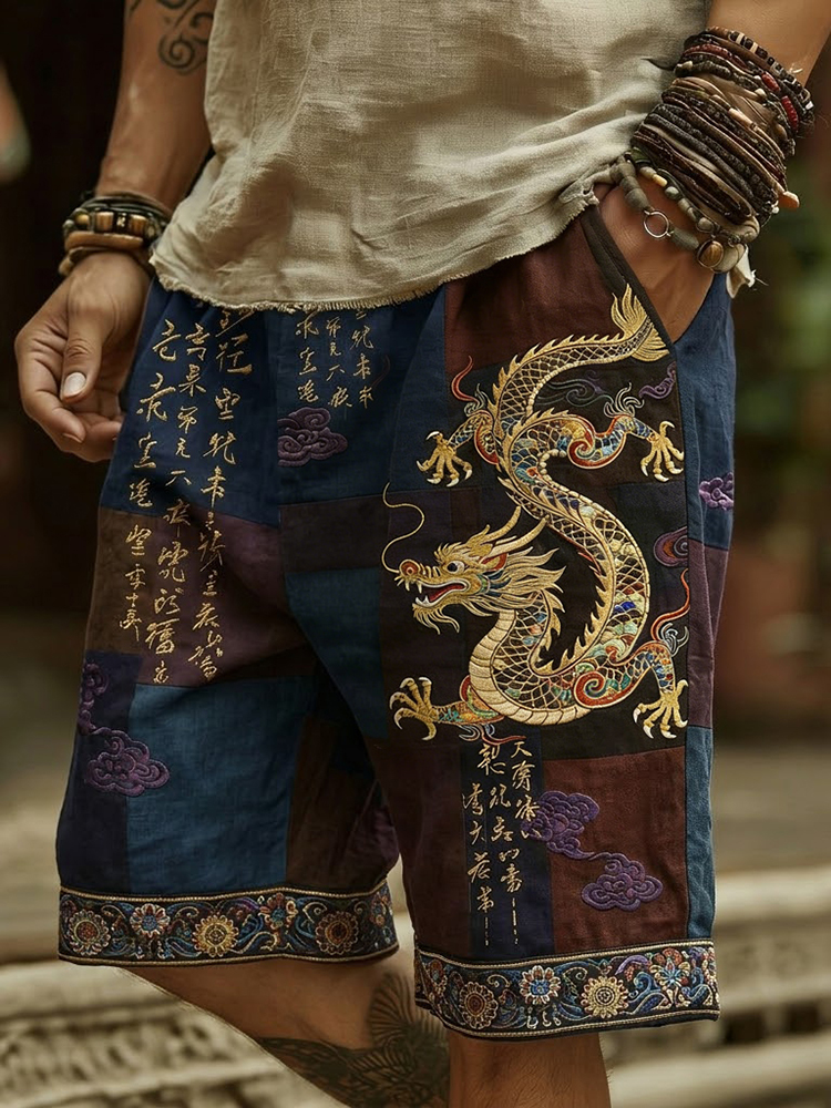 Men's Vintage Japanese Calligraphy Dragon Art Pattern Linen Blend Shorts