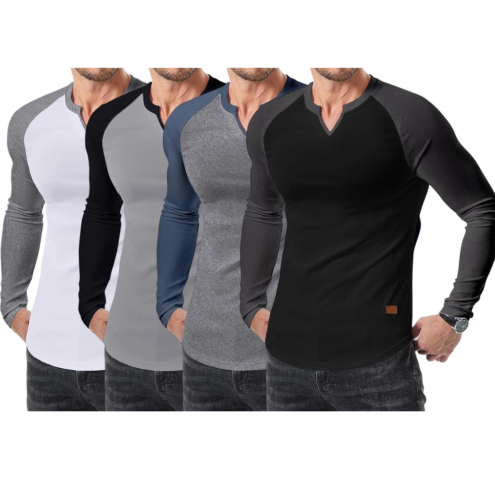 Mens Long Sleeve Muscle T Shirts Casual V-Neck Longline Ribbed Tee Shirts