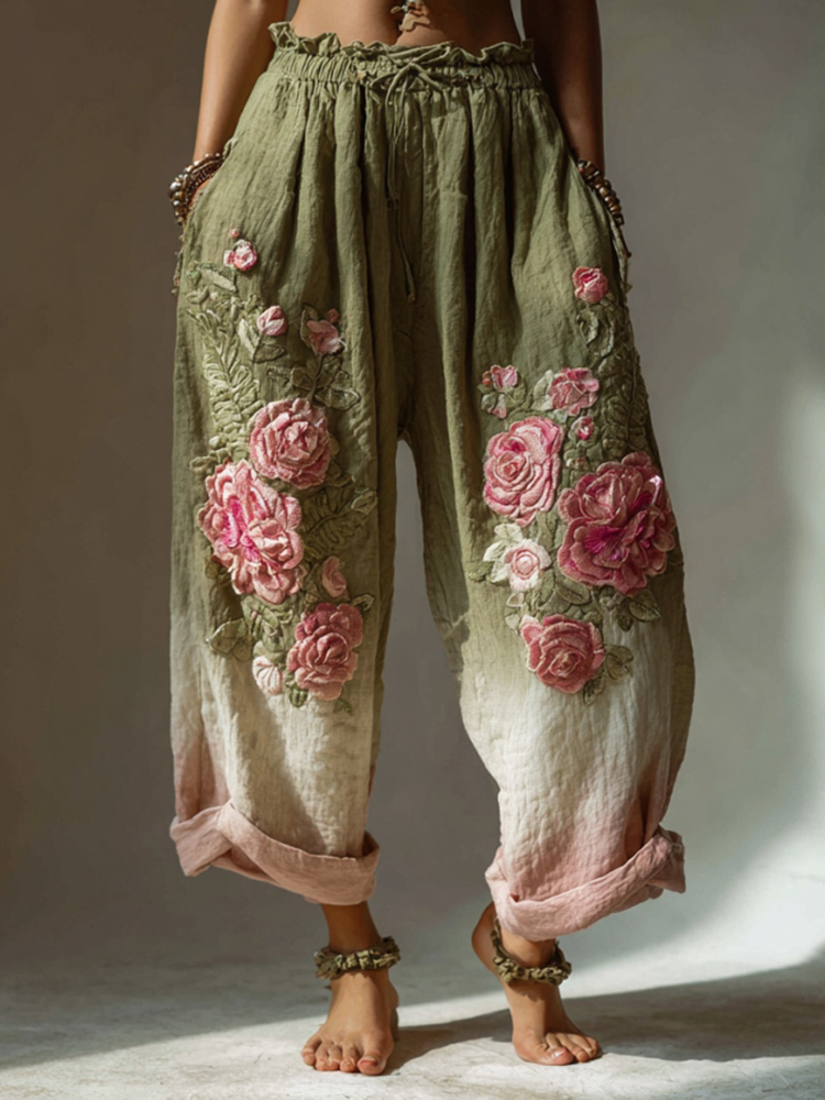 Vintage Pink Roses Embroidered Gradient Linen Pants