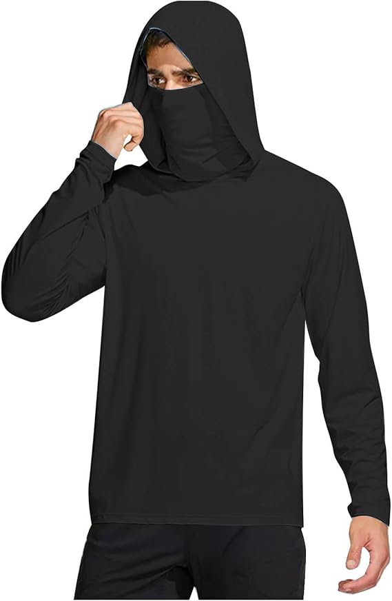 Long Sleeve Sun Shirt Men UPF 50+ Rash Guard Cooling Fishing Hoodies with Mask Casual Summer UV SPF Hiking Blouses