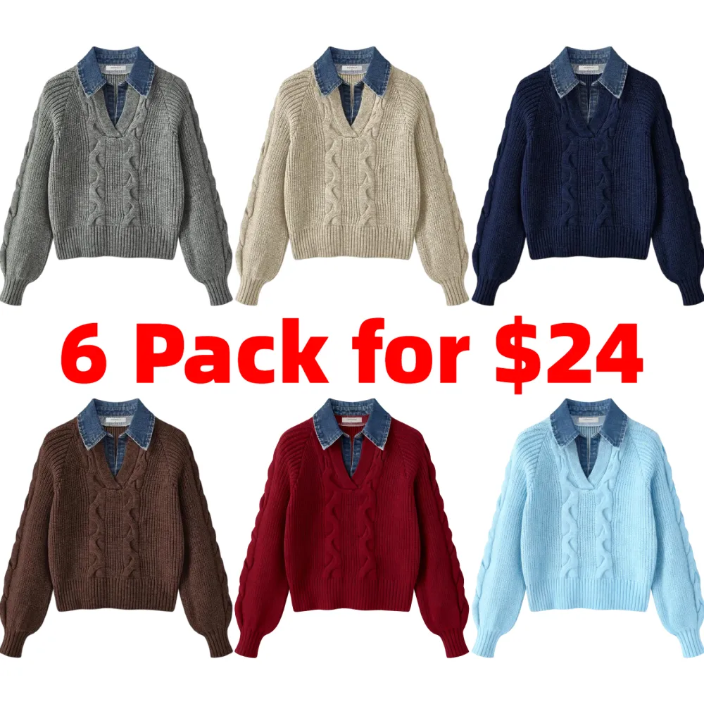 Denim Panel Ribbed Lapel Sweater