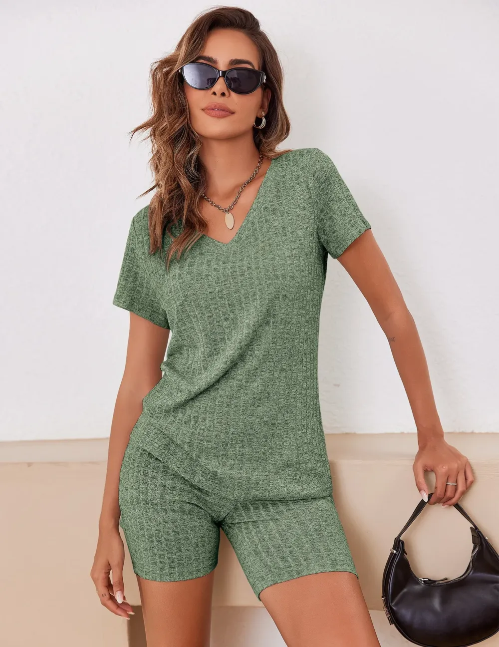 Summer Ribbed Lounge Set - Stretch T-shirt and Cycling Shorts | Breathable Loungewear