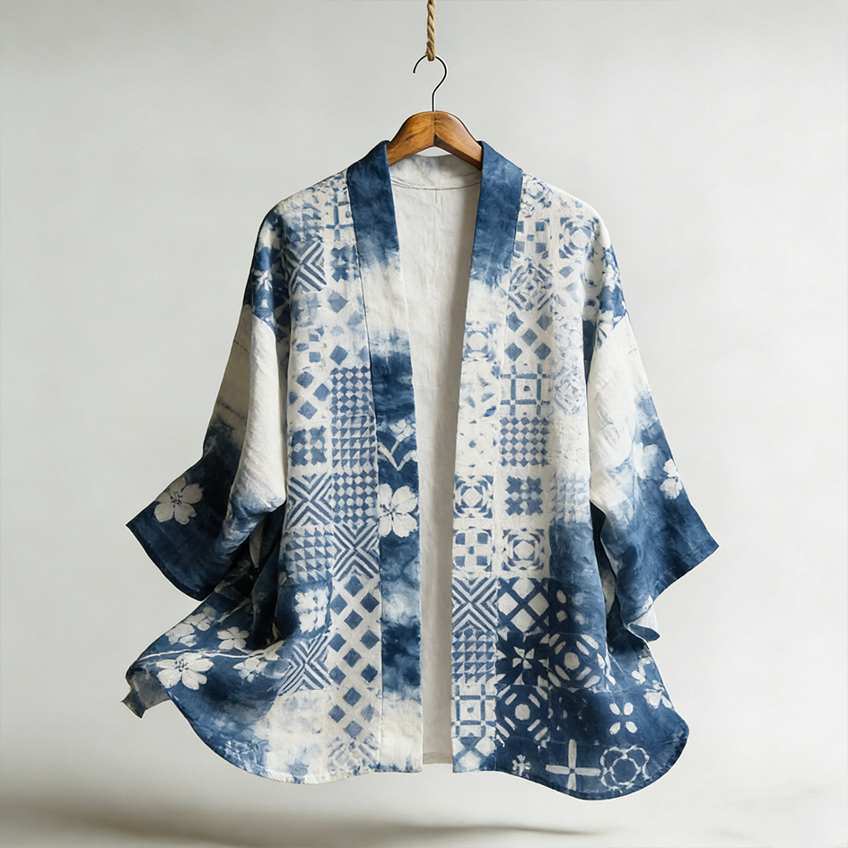 Japanese Art Geometric Pattern Leisure Linen Kimono