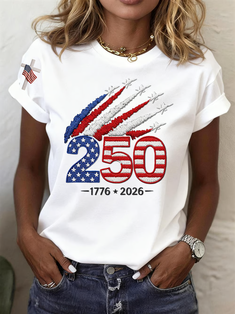 Women’s USA 250th Anniversary Embroidered Print Crew Neck Short Sleeve T-Shirt