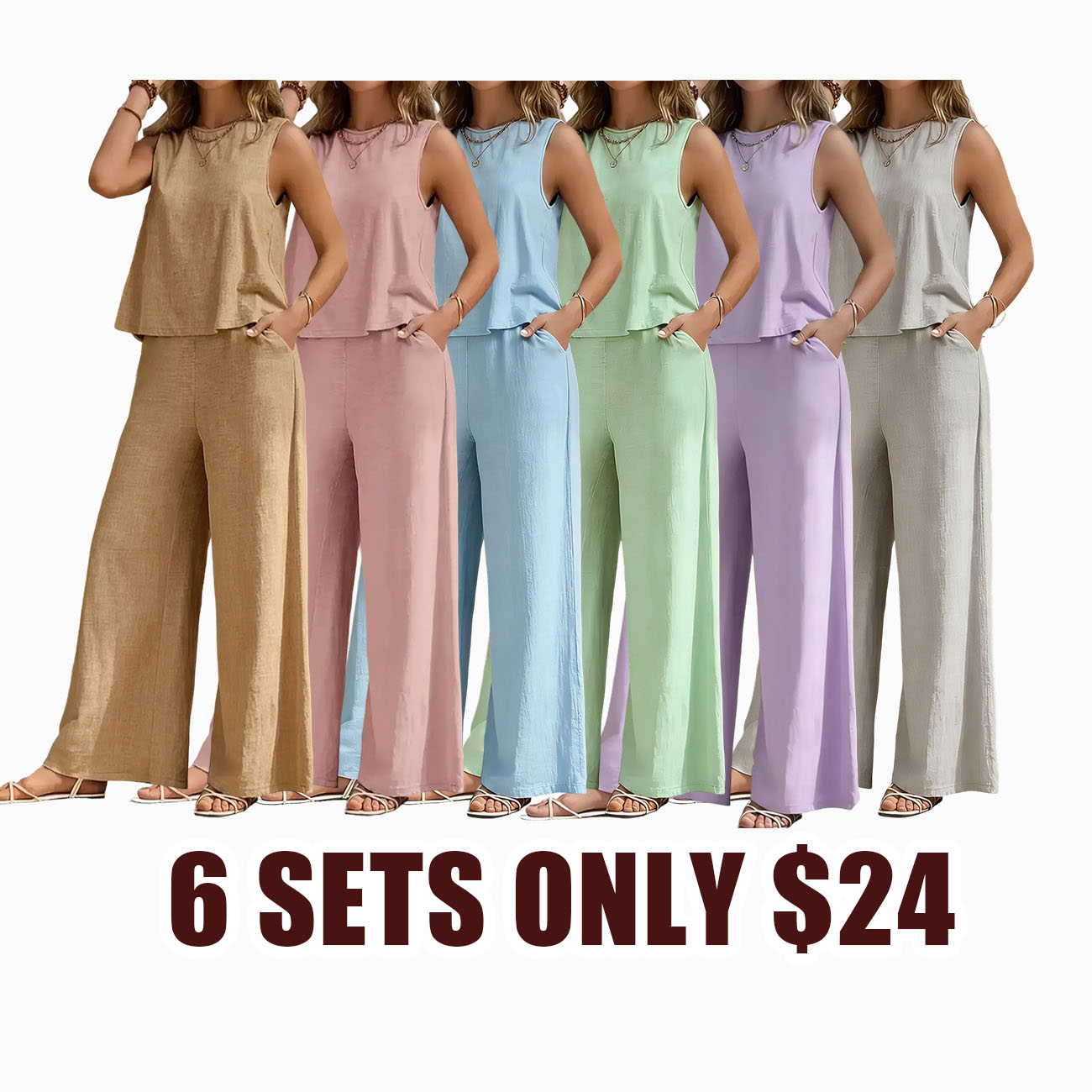 Elegant Two-Piece Set for Women, Womenswear Round Neck Vest & Wide-Leg Pants, Perfect for Casual Wear, Stylish for Daily Use