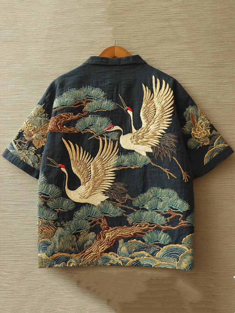Japanese Pine And Crane Embroidered Linen Shirt