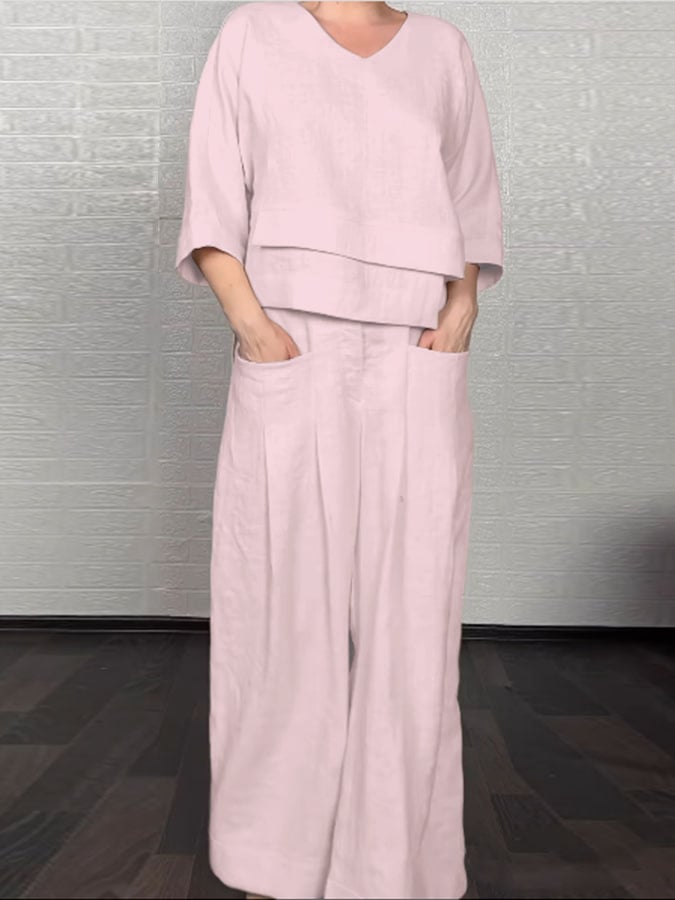 Women'S Casual Solid Color Irregular Cotton And Linen Shirt and Pats Suit