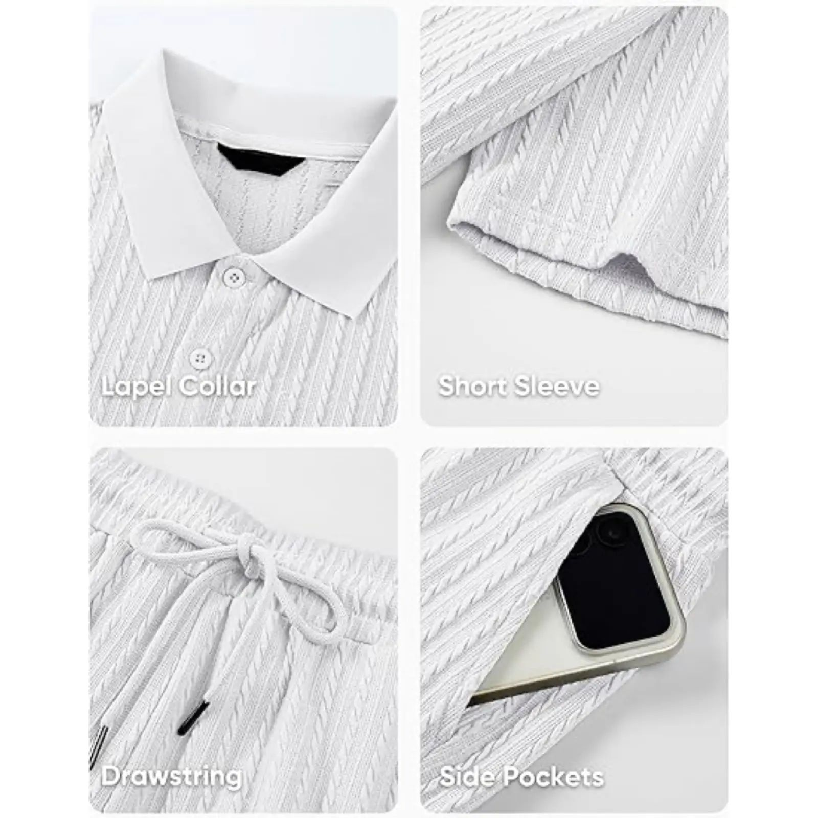 Men 2 Piece Jacquard Knit Lounge Sets Short Sleeve Polo Shirt and Shorts Sets Summer Outfits with Pockets