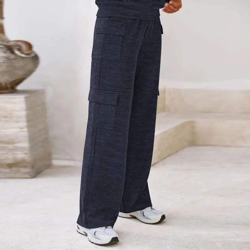 Women's Fall Knitted Hoodie Tracksuits Wide Leg Pants With Pocket Sets