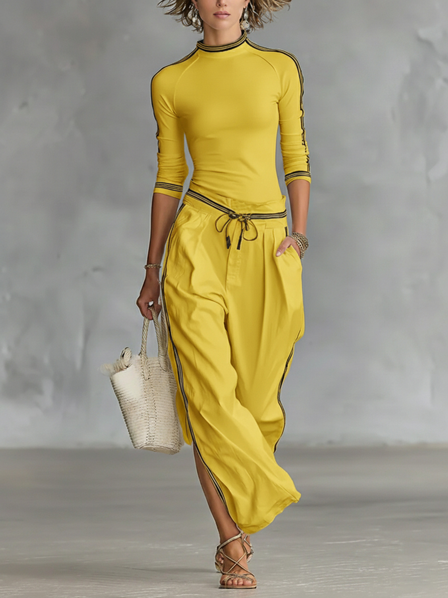 Cozy Stretch Knit Top And Linen And Cotton Trousers Two-piece Set