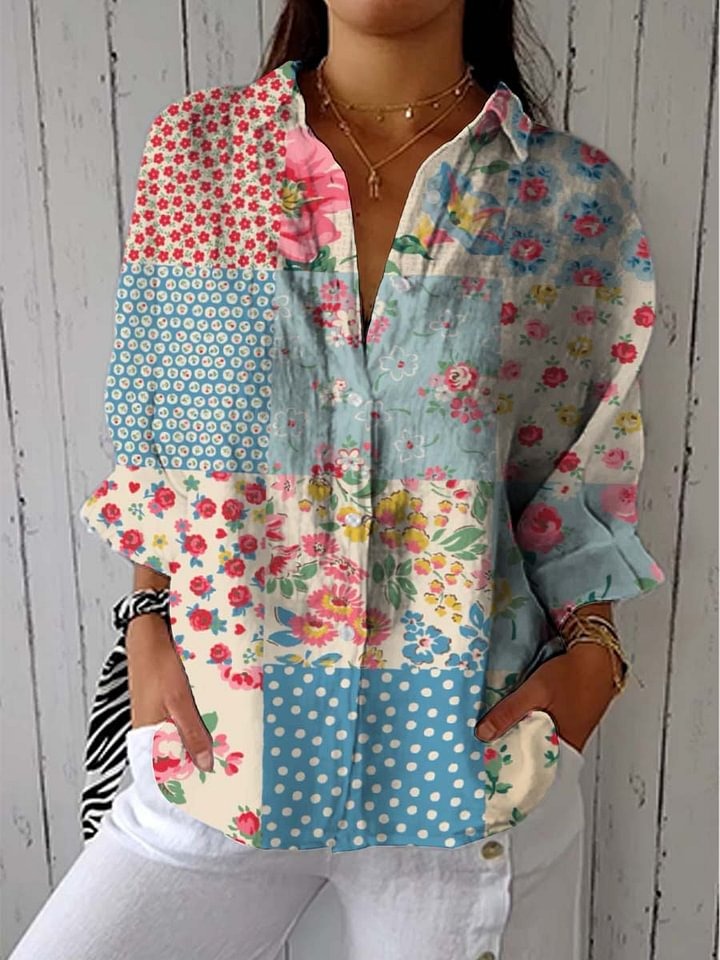 Vintage Bohemian Floral Cotton and Linen Peter Pan Ruffle Collar Shirt