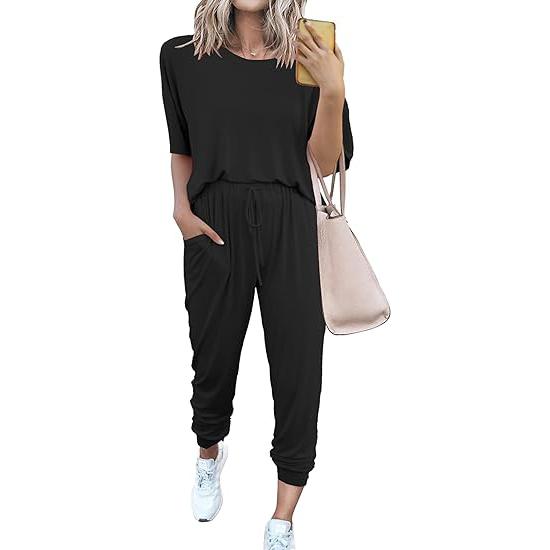 Women's 2-Piece Set Summer Outfits Crew Neck Short Sleeve Tracksuit Jogger Set With Drawstring and Pockets Comfy Lounge Wear