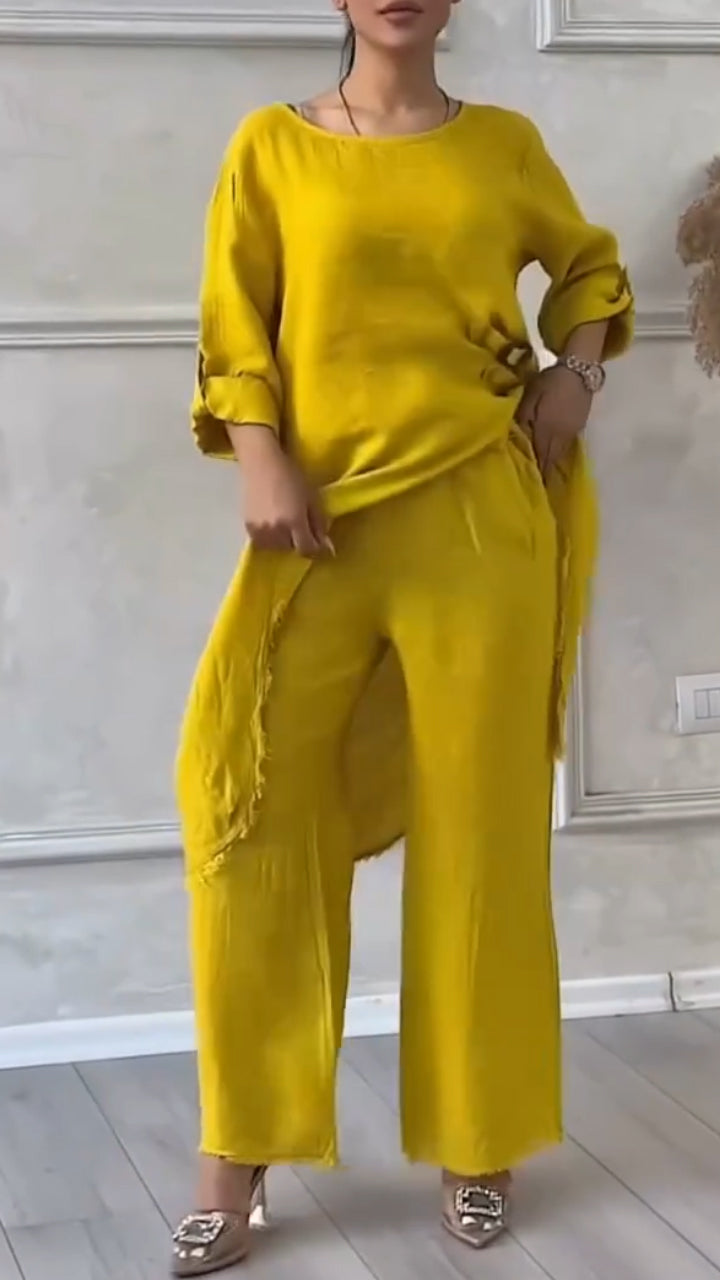 Women's Round Neck Irregular Cotton and Linen Casual Suit